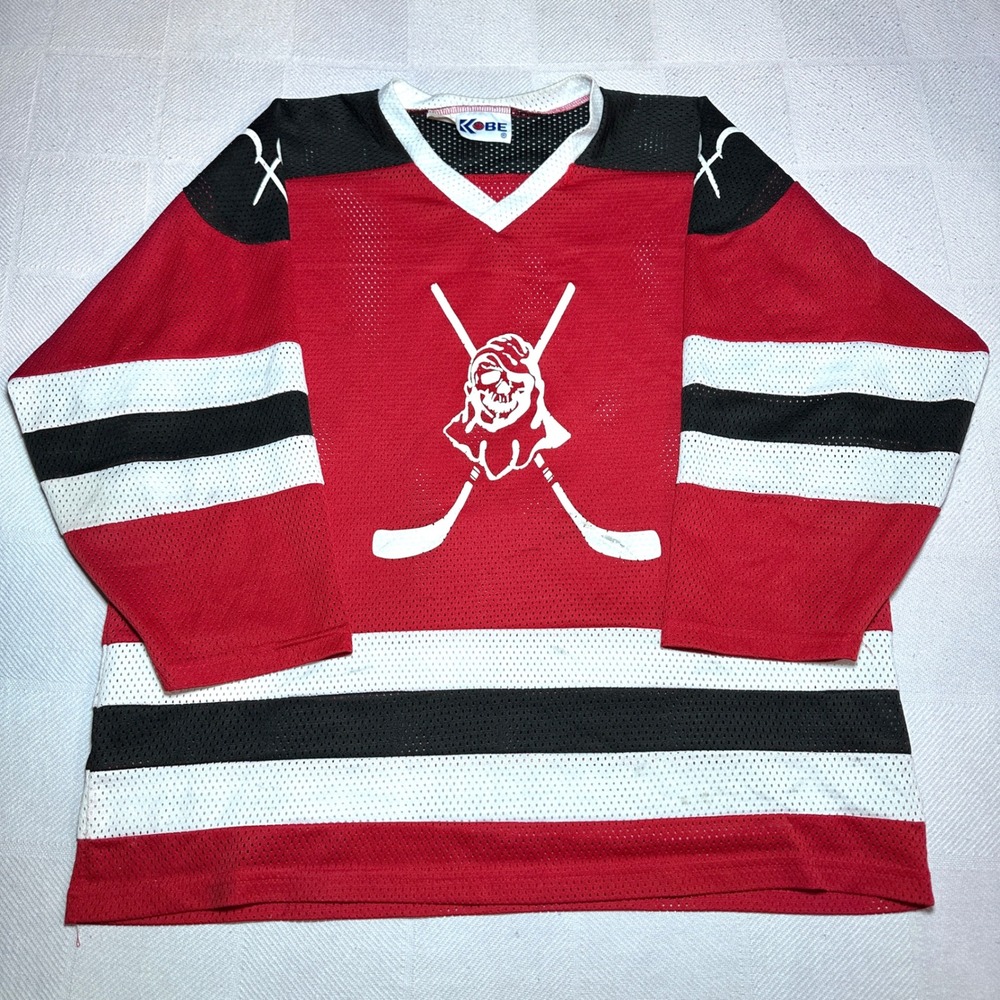 Vintage Kobe Hockey Jersey Mens XL Skull Grim Repaer Red Mesh Made in Canada